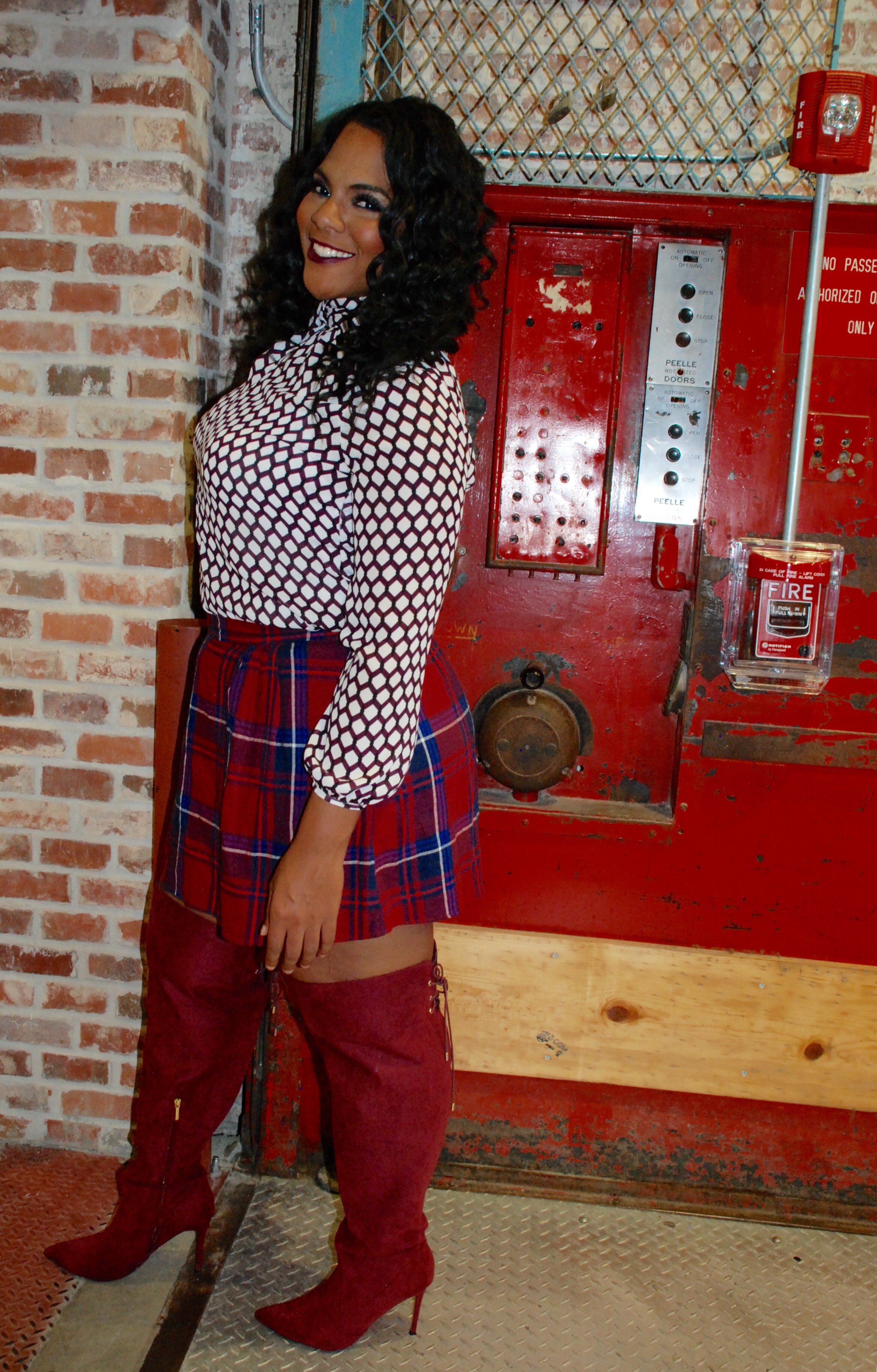 red plaid thigh high boots