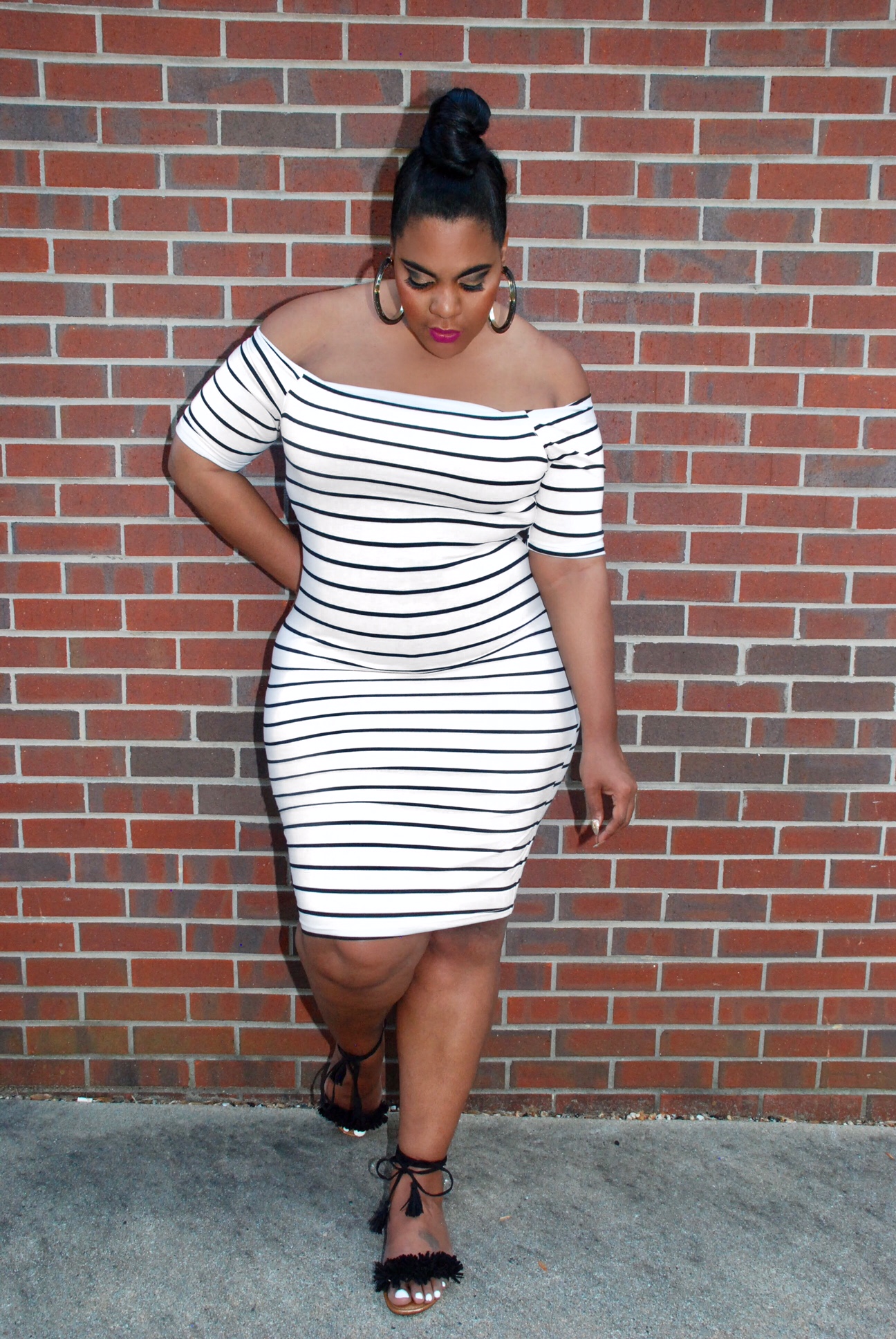 Black and White Striped Off-The-Shoulder Body Con Dress, Plus Size, Striped BodyCon Dress 