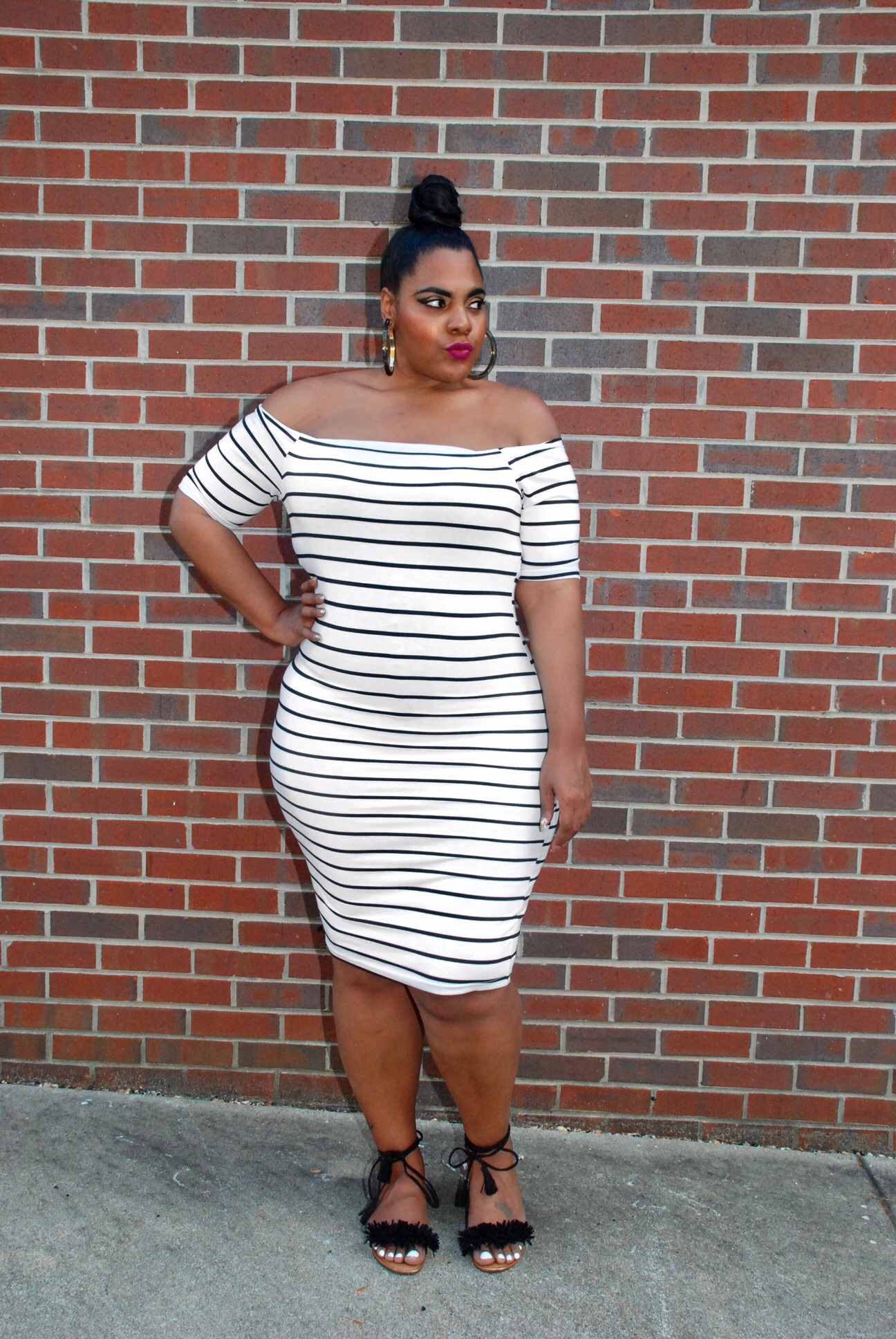 Black and White Striped Off-The-Shoulder Body Con Dress, Plus Size, Striped BodyCon Dress 