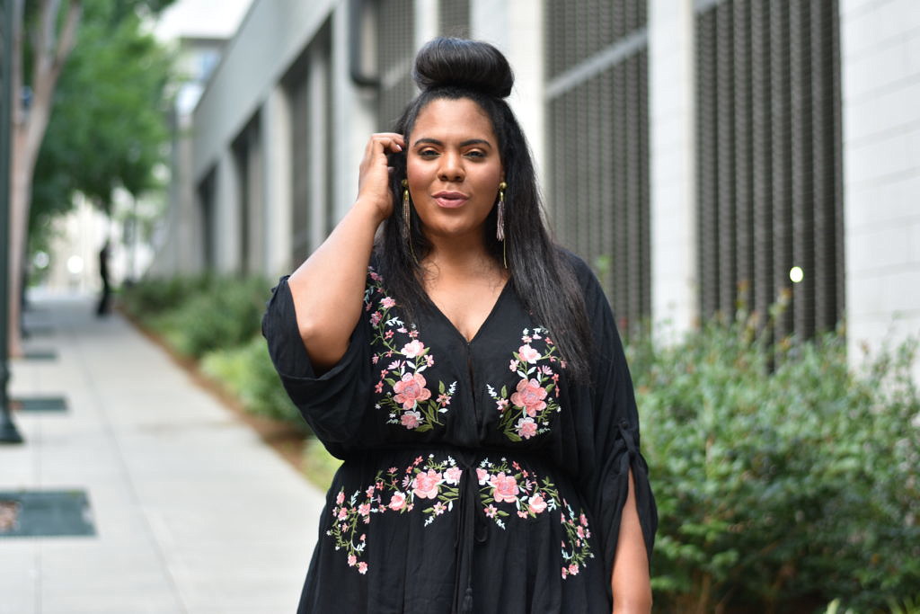 Macy's city chic, plus size tunic dress, floral tunic dress, black plus size dress, black summer dress, city chic dress, macy's dress, plus size, society of harlow, crystal daniels